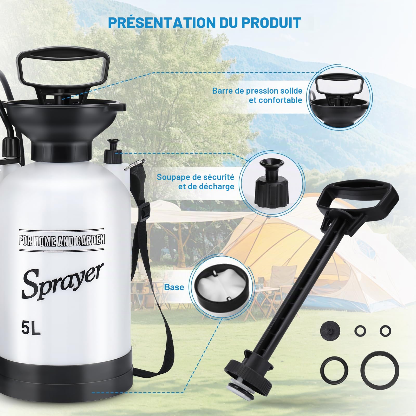 Roadtime Douche de camping portable 5 L, sac de douche à presse, 10 modes de pulvérisation, kits de rinçage à pression avec tuyau de 3 m, pulvérisateur à pression à pompe pour chien, animal domestique