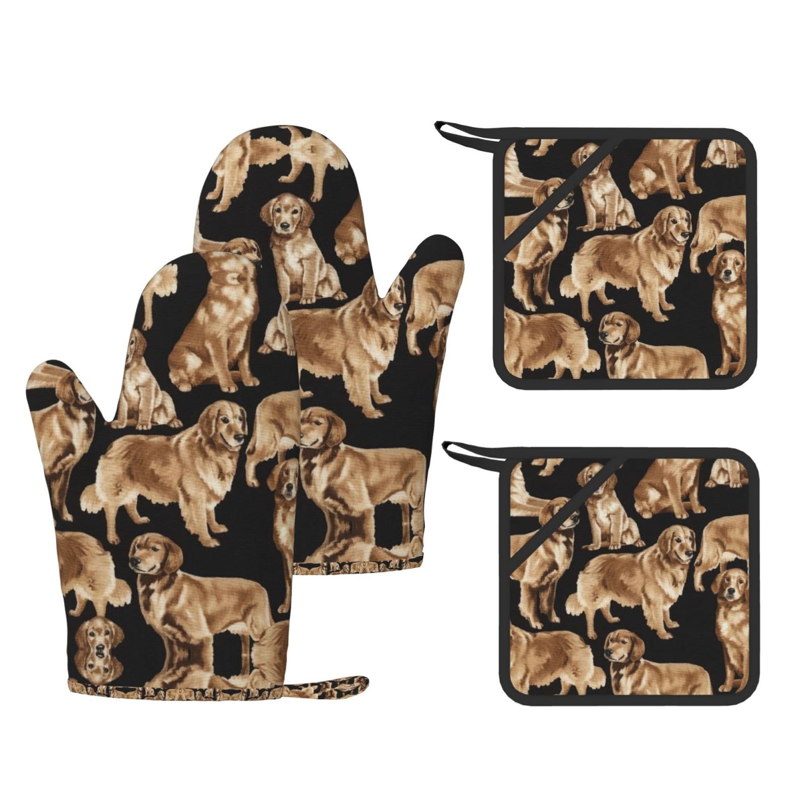 Golden Retrievers Trendy Printed Kitchen Set with Heat Resistant Gloves & Non-Slip Hot Pads for Baking & Grilling