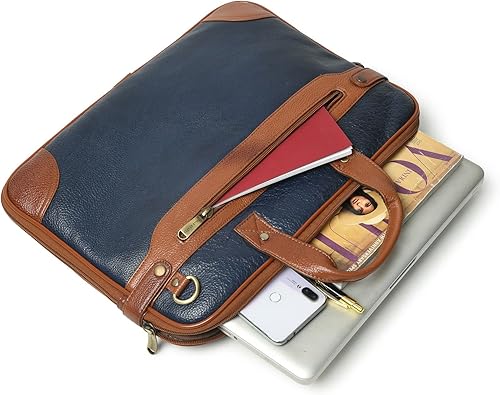 Miniatura 3 de ADYAN Bolso de mensajero de cuero de 15 pulgadas para portátil para hombres maletín de oficina para hombre y mujer maletines de negocios, Azul marino