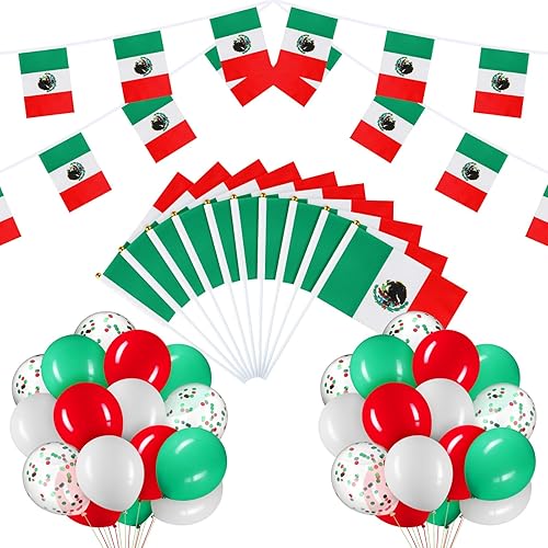 Lenwen Juego de 54 decoraciones para fiestas de México, 40 globos mexicanos, 2 banderas, 10 mini banderas de mano, decoraciones de color verde, rojo