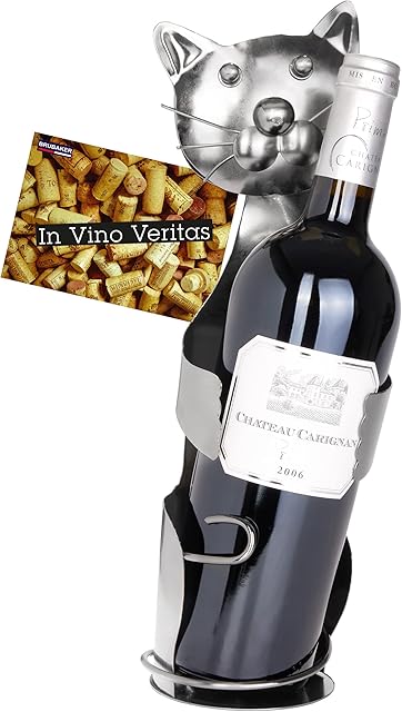 BRUBAKER Wine Bottle Holder Cat - Metal Sculpture Bottle Stand Hugging Kitten - Metal Figurine Wine Gift for Cat Lovers - with Greeting Card