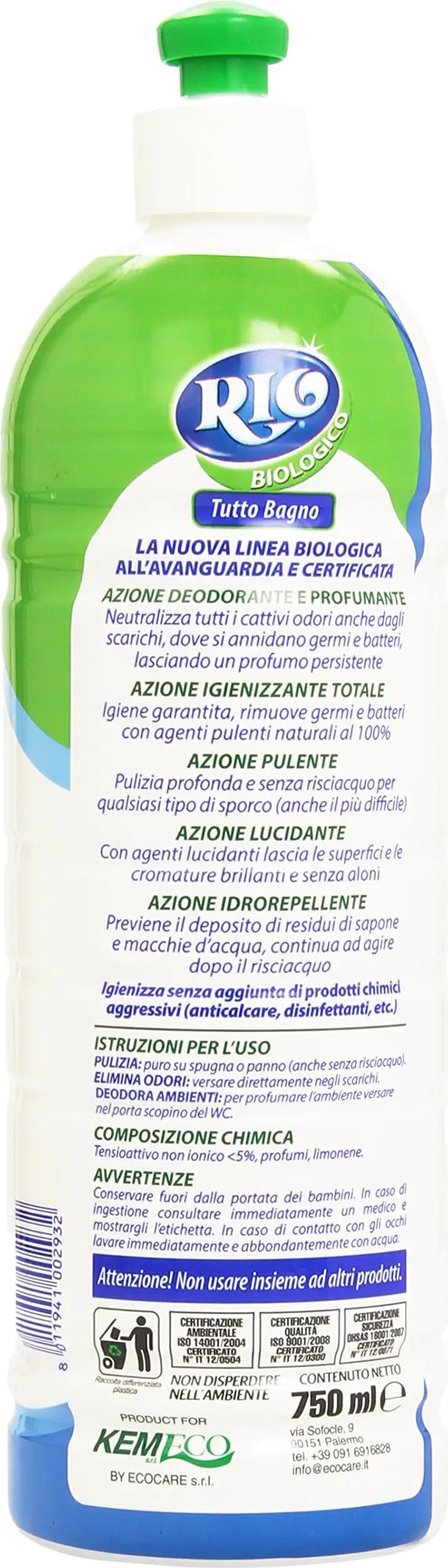 Rio - Limpiador de baño Tutto Bagno, 15 unidades, para todo el cuarto de baño, con aroma natural de menta 750 ml + llavero Beni Culinari gratuito