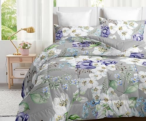 Dozrmey Bettdecke 200x220 cm Ganzjahresdecke 4 Jahreszeiten, Staubiger violetter Blumendruck Steppdecke 300gsm Mikrofaser 200x220cm, Super Weiche Zudecke Schlafdecke Atmungsaktive