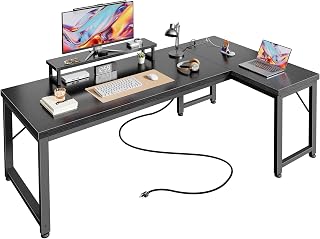 PRAISUN 53" L Shaped Computer Desk, Power Outlets, Monitor Stand, Black