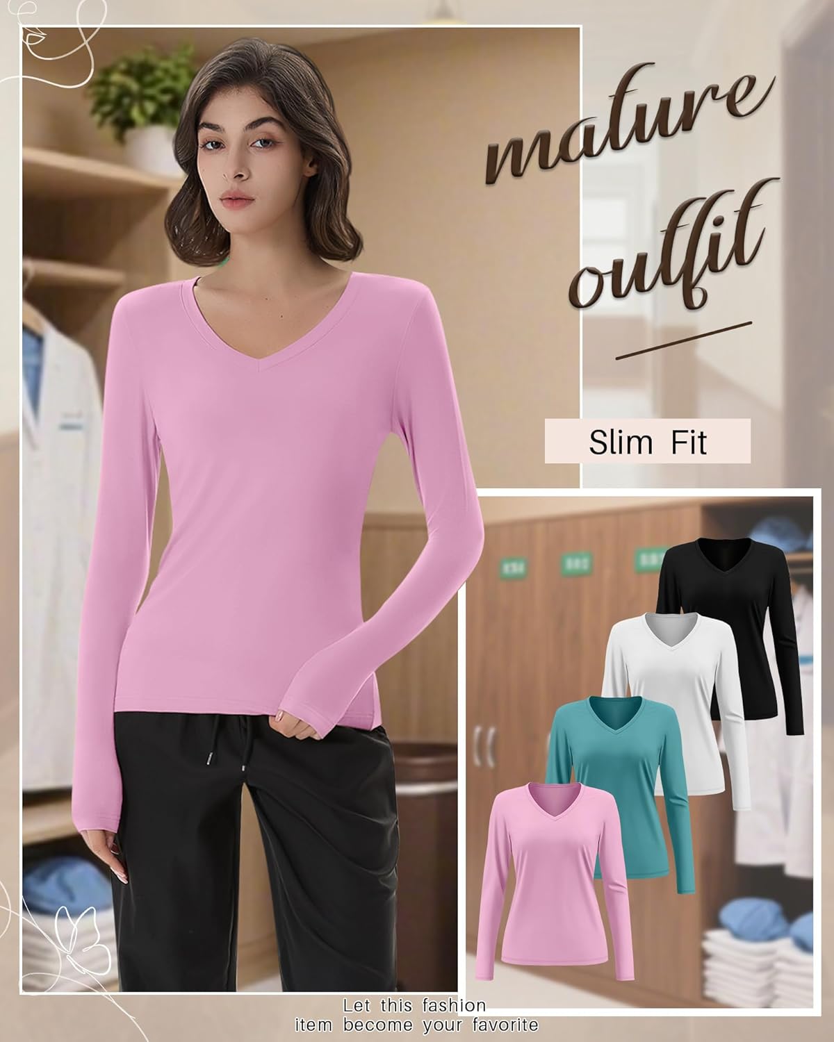 Xaatren 4 Pack Women's Under Scrubs Long Sleeve V Neck Shirts Slim Fit Stretchy Undershirt Basic Casual Tops for Nurse