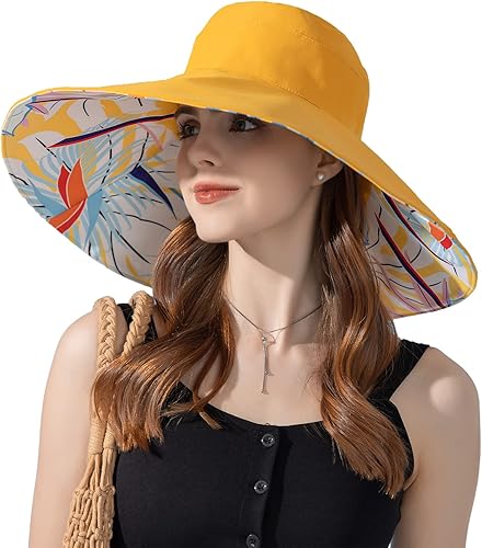 Vista 7 de HUAMULAN Sombrero de sol de verano para mujer, ala ancha, borde con alambre, floral, playa, cubo, sombreros reversibles, plegables, protección UV