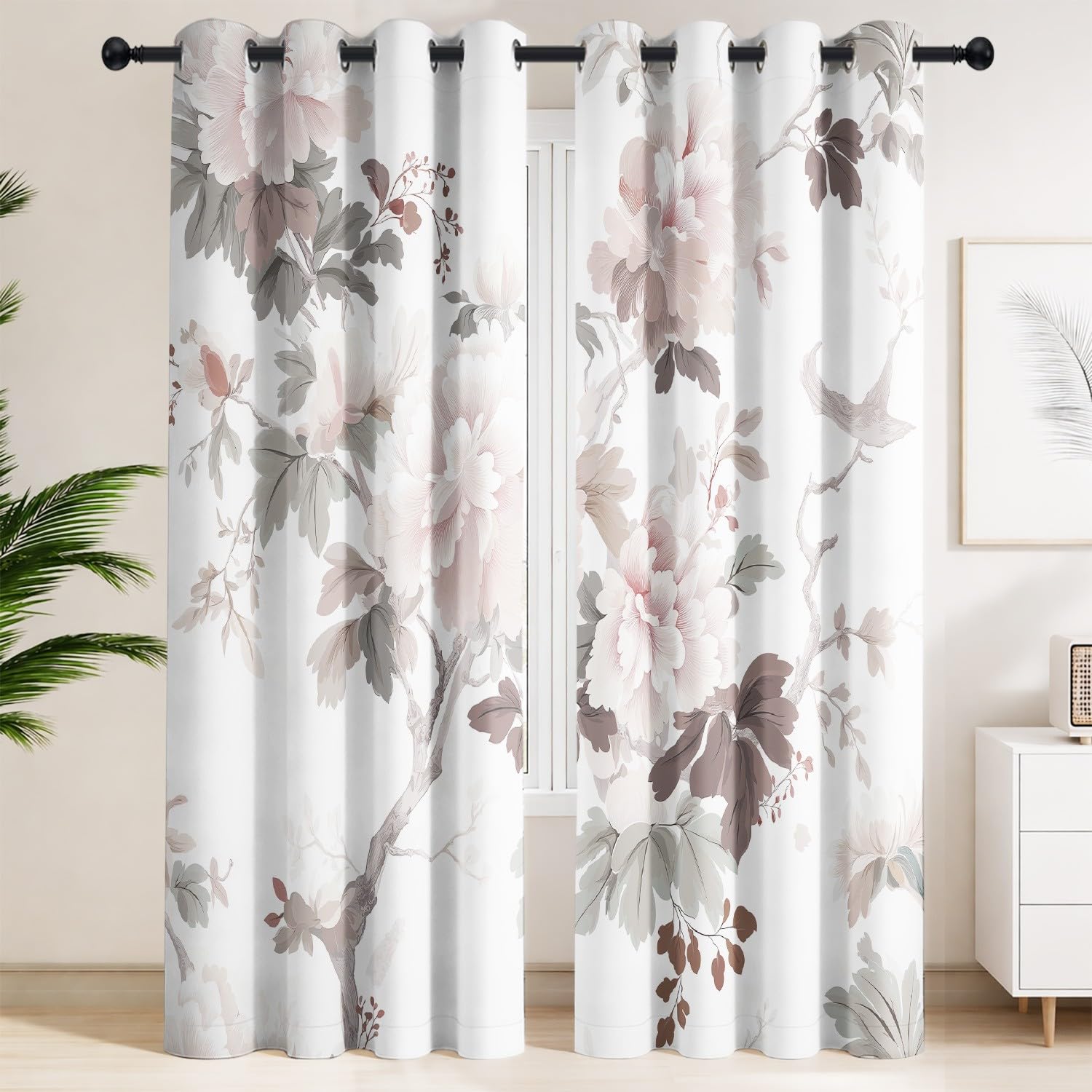 Generisch Große Pfingstrosen, zartes Rosa & Creme Verdunkelungsvorhänge – 2er Set Ösenvorhänge Klassisch, Traditionell, Pfingstrose Blickdicht & Thermoisolierend B 100 x H 245 cm