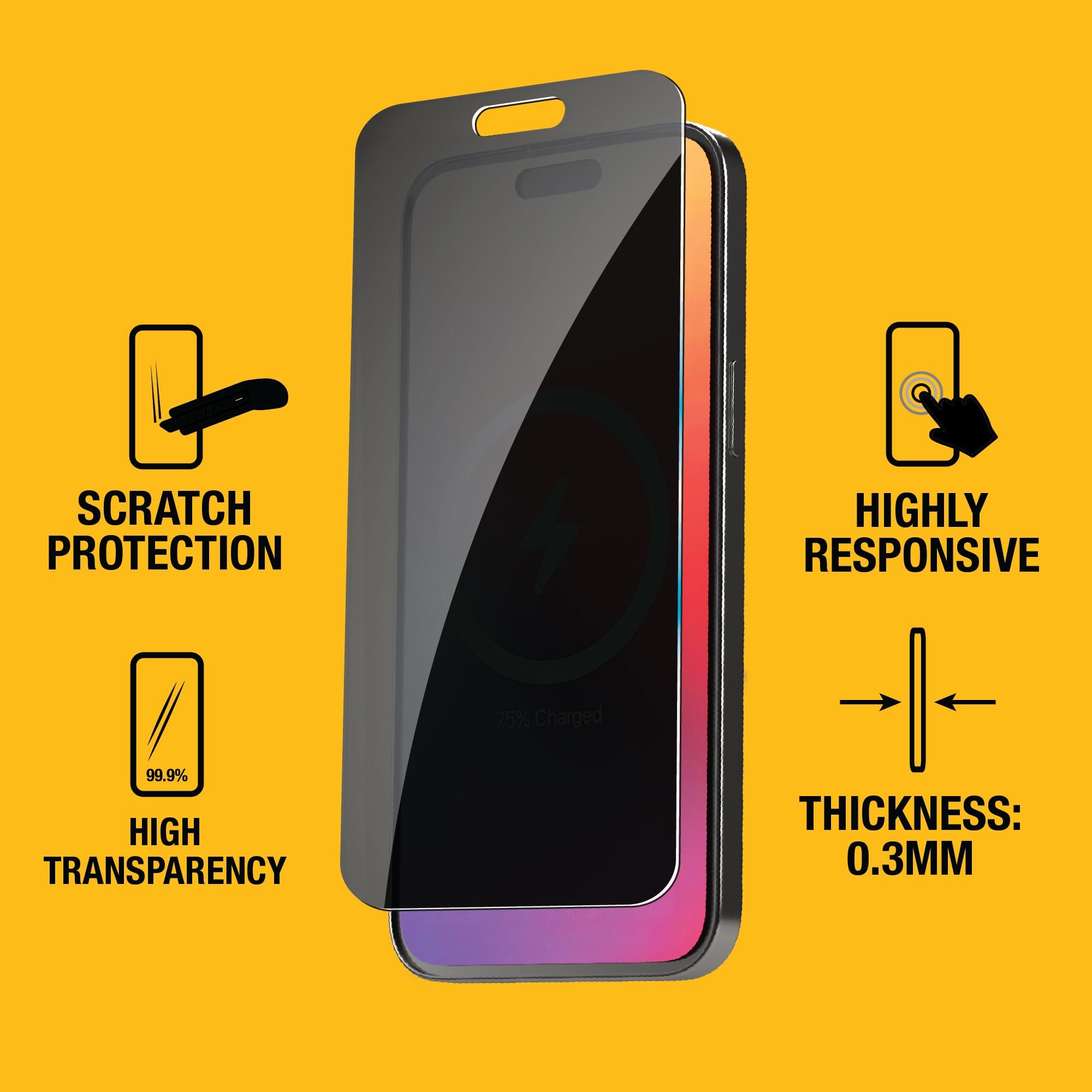 DEWALT Strapazierfähige Displayschutzfolie für iPhone 16 Pro, 2 Stück | Sensorschutz, Dynamic Island Kompatibel, Anti-Spy Panzerglas [9H Härte] Case Friendly Hohe Reaktion, HD Qualität