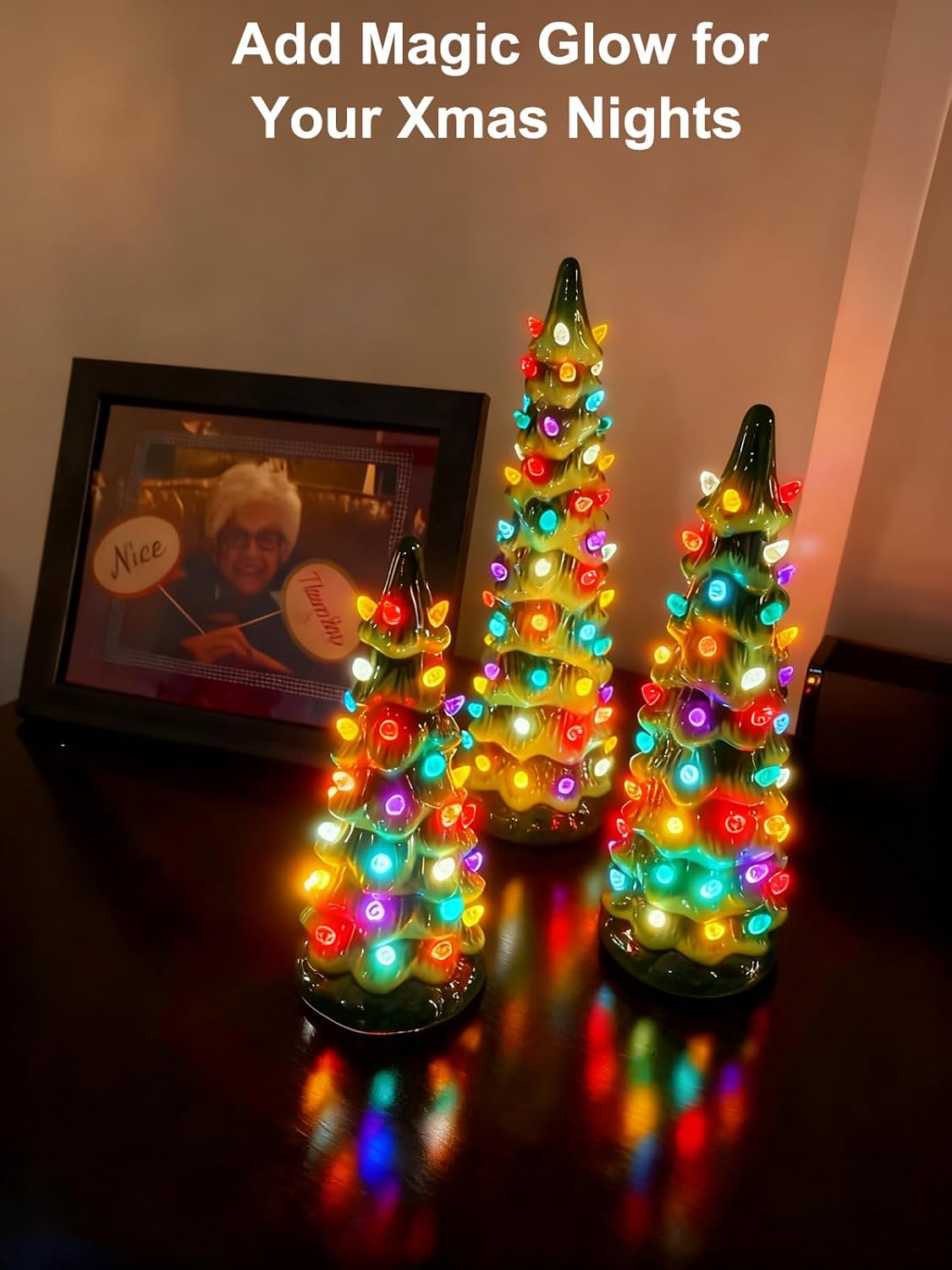 Set of 3 Christmas Trees with Lights, Vintage Tabletop Lighted Christmas Tree Hand Painted Table Decorations, Nostalgic Xmas Ornaments Gifts for Holiday Mantel Table Centerpieces Window Porch