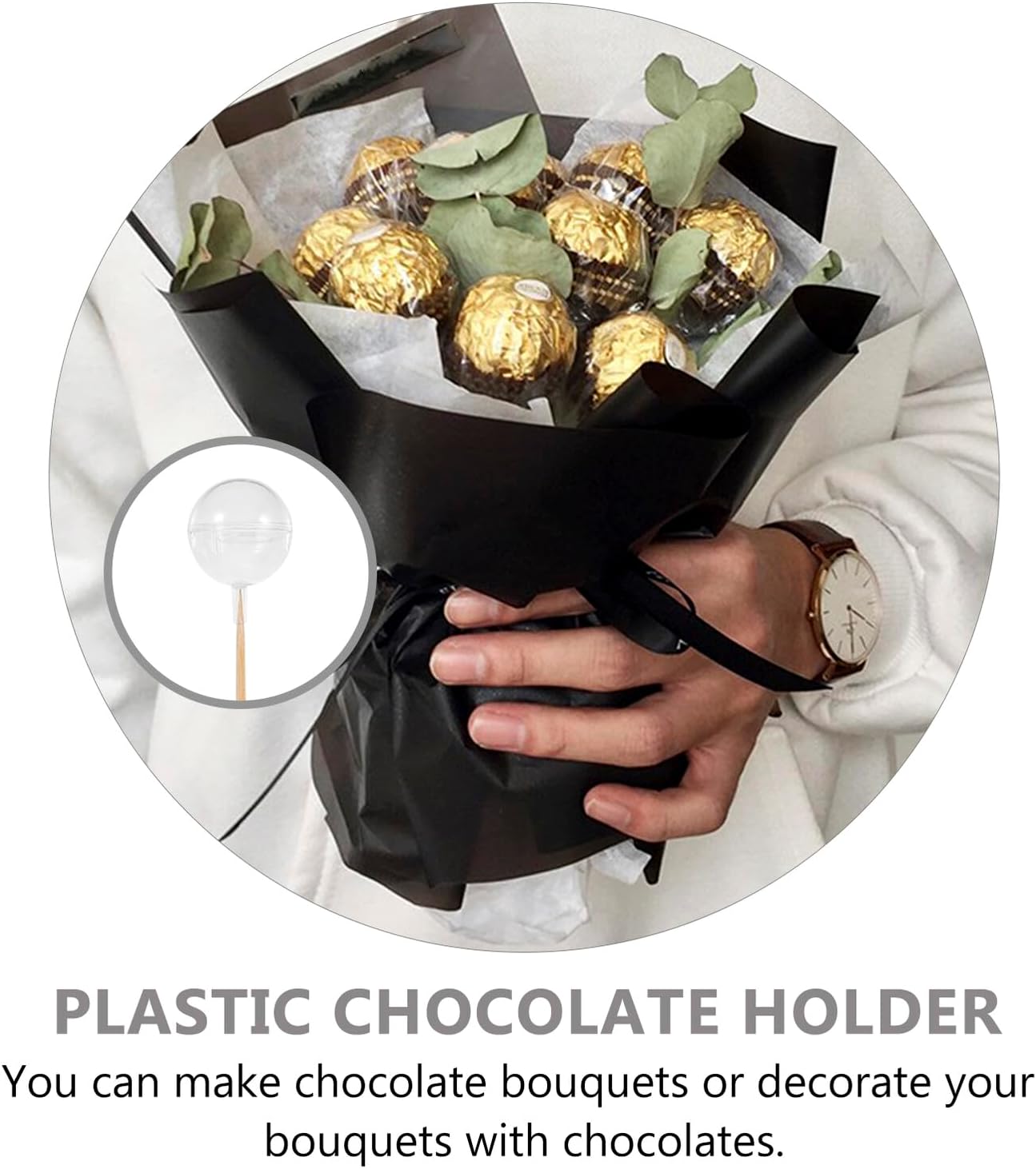 RUNROTOO Chocolate Truffle Box round Candy Wrappers Case, Plastic Candy Packaging Holder 100 Pieces Chocolate Holders and 100 Natural Color Flower Sticks for Wedding Party Wrap