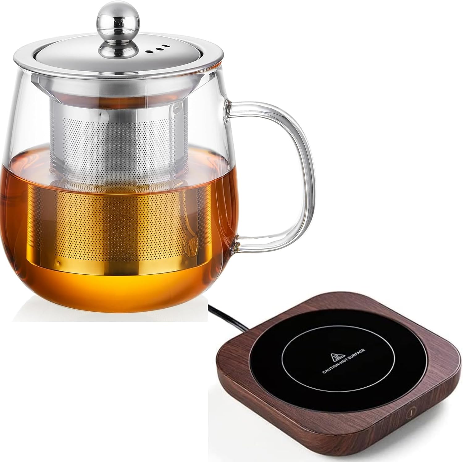 14.5oz Tea Cup with Lid, Tea Infuser for Loose Leaf Tea, Borosilicate Small Tea Cups/Mug & Coffee Mug Warmer with Auto Shut Off, 3 Temperature Settings