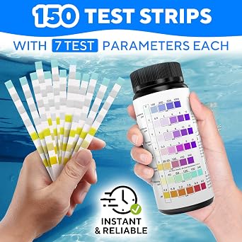 7-in-1 Accurate Pool Test Strips - 150 Hot Tub Spa Test Strips - Quick Pool Water Testing Kit - Bromine, pH, Hardness, Alkalinity, Chlorine & Cyanuric Acid - Perfect for Any Pools, Spa, Hot tubs