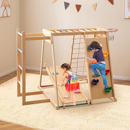 Miniatura 9 de Costzon Zona de juegos interior, gimnasio Montessori 6 en 1 para niños con tobogán para bebés, pared de escalada en roca, aro de baloncesto, barra