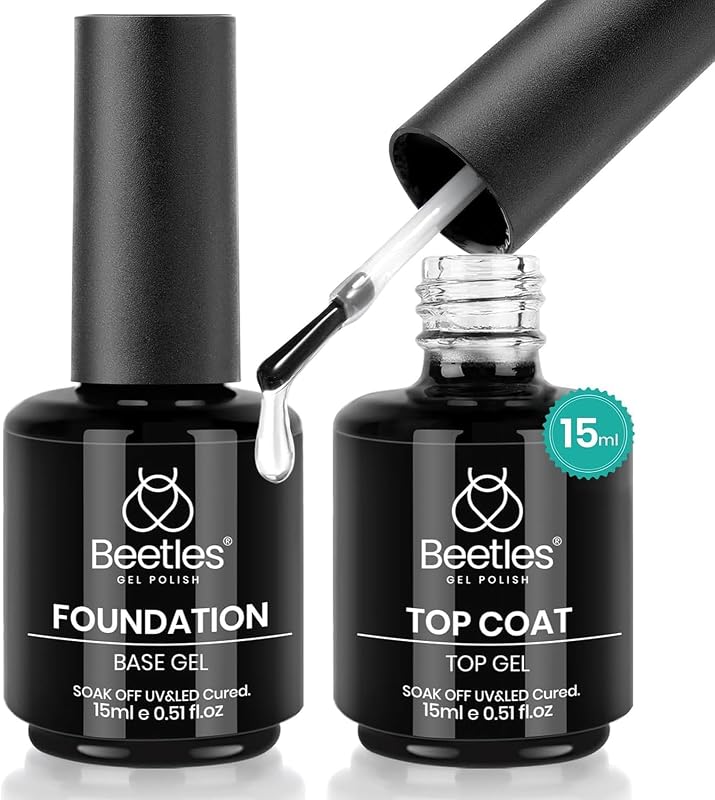 Beetles 2 Pcs 15ml No Wipe Gel Top Coat and Base Coat Set | Long Lasting Soak Off LED Nail Lamp Gel Base Top Coat Stay Lock Shine Duo Finish Nail Art Design Manicure Gifts for Women