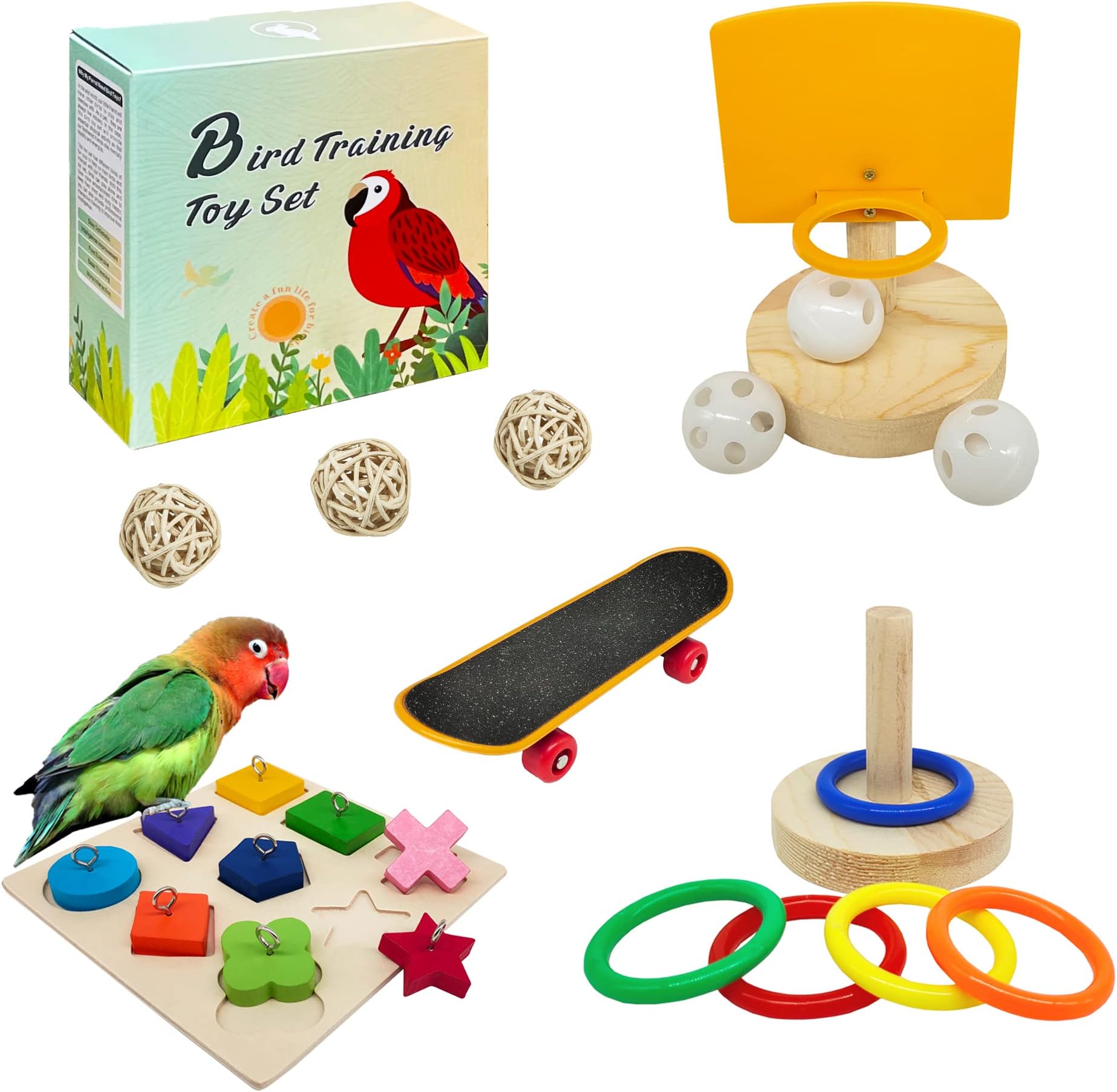 Bird Toys,Parrot Training Toys for Lovebird,Five-Types Parakeet Toys Sets for Conure, Cockatiel,12 PCS Parrot Intelligence Toy,Basketball Hoop,Skateboard,Stacking Toys,Wooden Block Bird Puzzles Toy