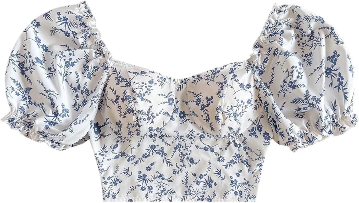 MakeMeChic Women's Floral Puff Sleeve Crop Tops Sweetheart Shirred Summer Blouse Top