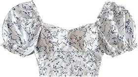 Blusa feminina floral manga bufante cropped decote coração franzido blusa de verão