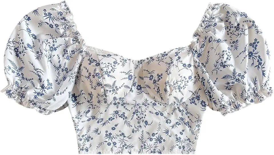 Blusa feminina floral manga bufante cropped decote coração franzido blusa de verão