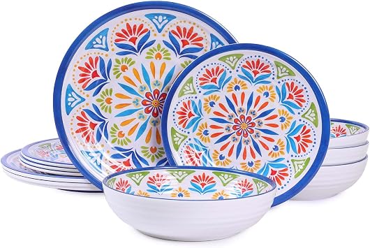 12-Piece Melamine Dinnerware Set,Service for 4, Durable Plate and Bowl, Floral Pattern Tableware for Parties & Home, Dinner Salad Dessert Plates, and Cereal Bowls Set,Housewarming Wedding Gift - Blue