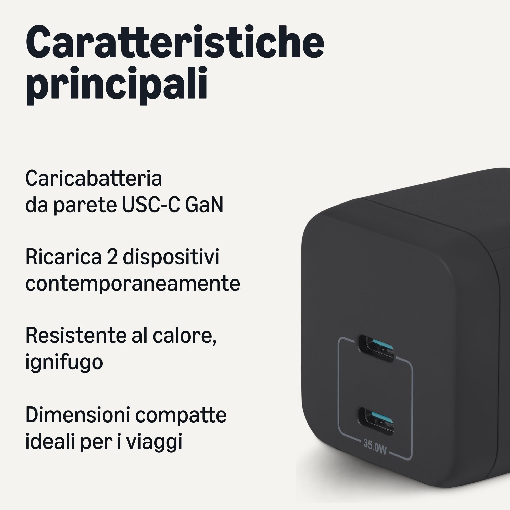 Amazon Basics Caricabatterie da Parete Nano GaN USB-C con Ricarica Rapida, 35W a 2 Porte per Tablet e Smartphone, Nero