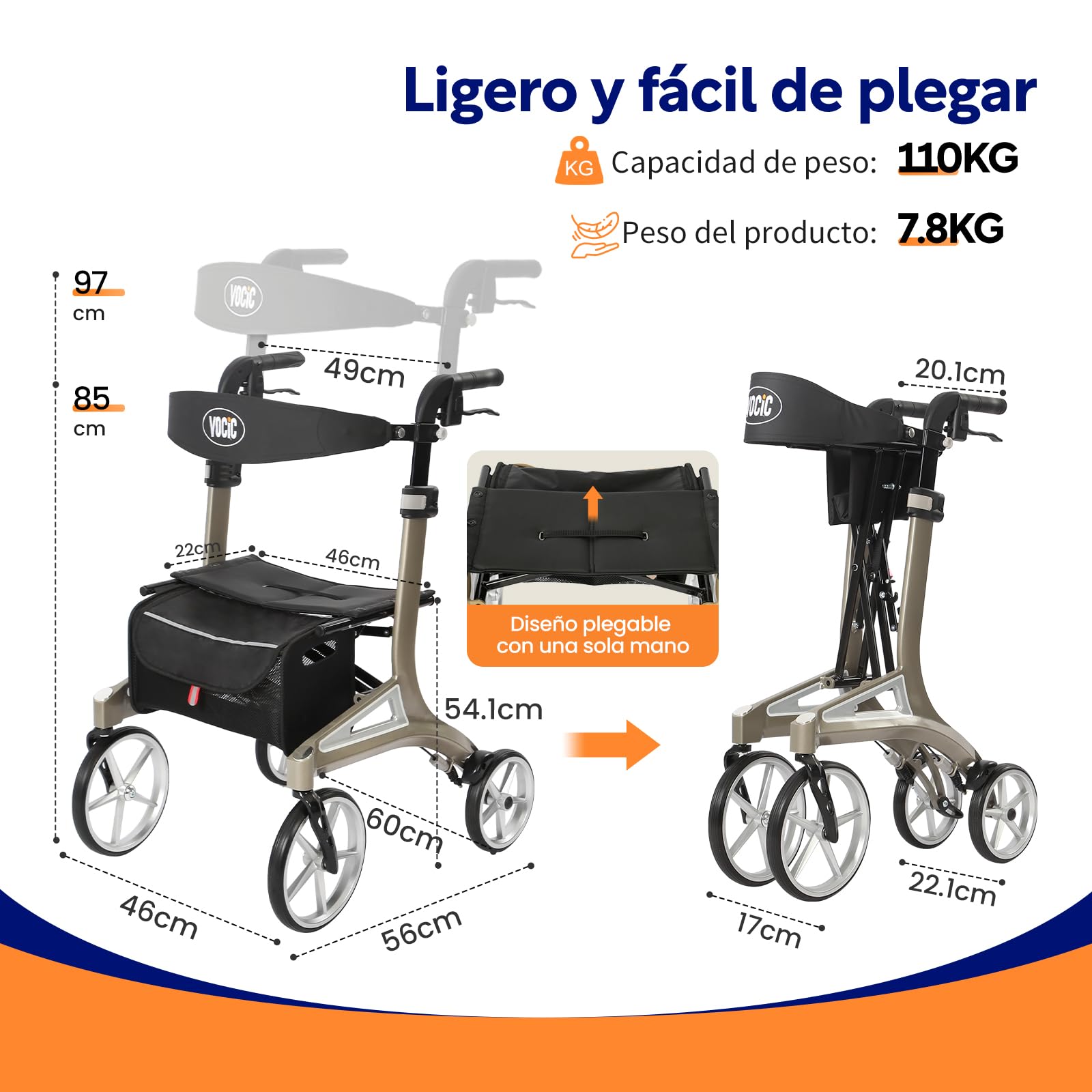 VOCIC Z71 andador plegable para ancianos, Andador de aluminio impermeable | andadores con asiento & ruedas PU todoterreno antipinchazos, Respaldo & altura ajustables, peso ligero, adultos, verde gris