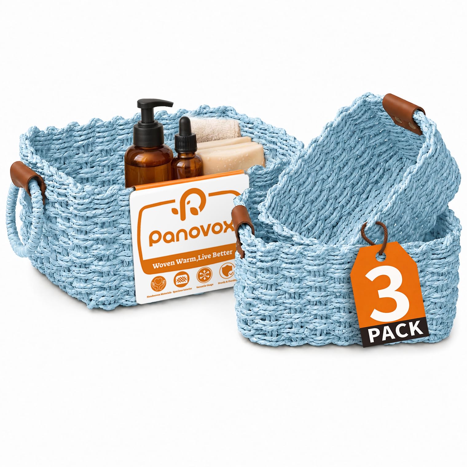 Small Wicker Baskets - 3 Pack for Shelves -8 Small Wicker Baskets - 3 Pack for Shelves -8