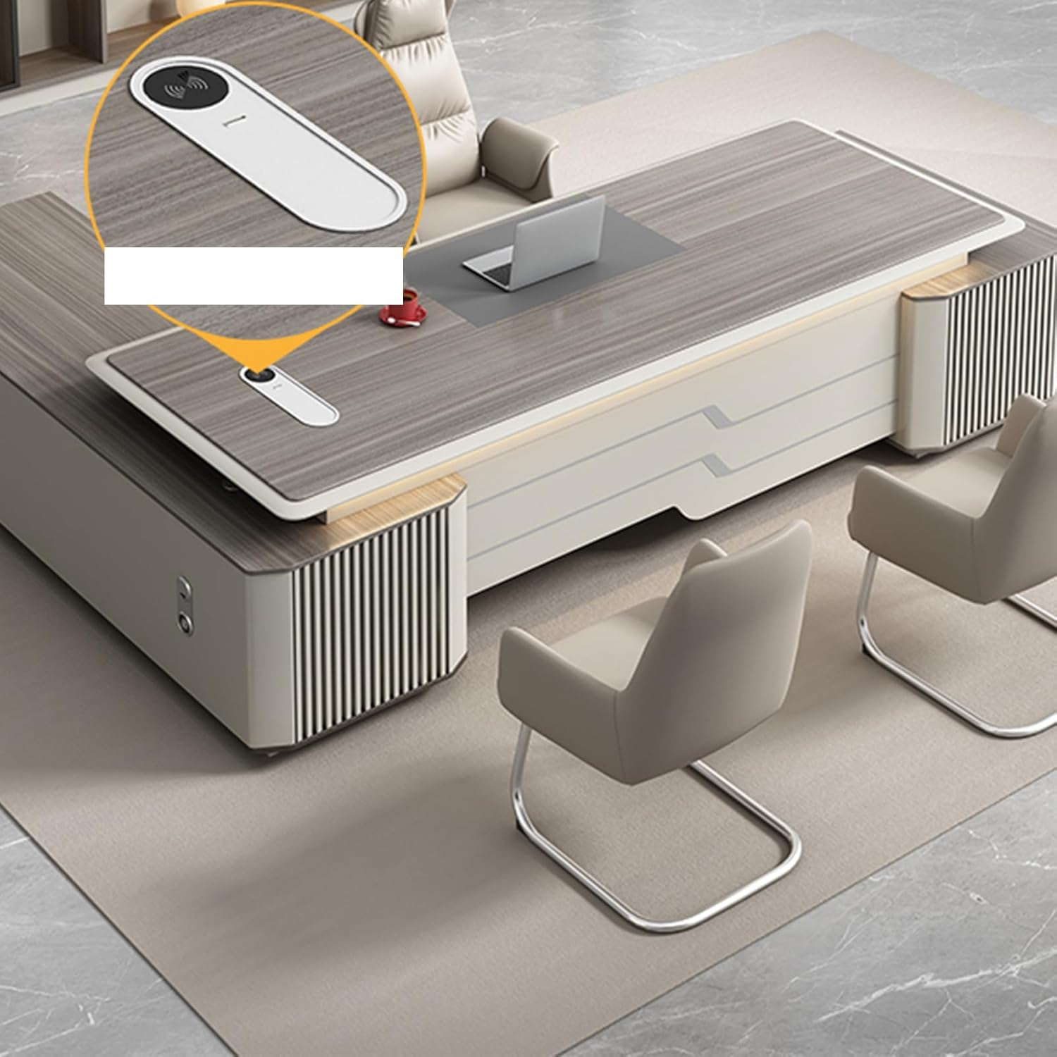 L-Shaped Grey Computer Desk, Executive Office Desk with Lateral Cabinet Study Writing Table Business Furniture Set for Home Office