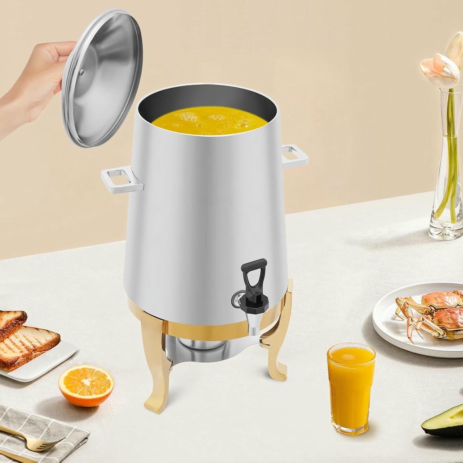 Chafer Urn, Coffee Urn with Fuel Holder and Spigot, 3.4 Gallon Stainless Steel Hot Beverage Drink Dispenser Can for Milk Tea Water Juice Parties Event Buffet Catering Silver,Gold S