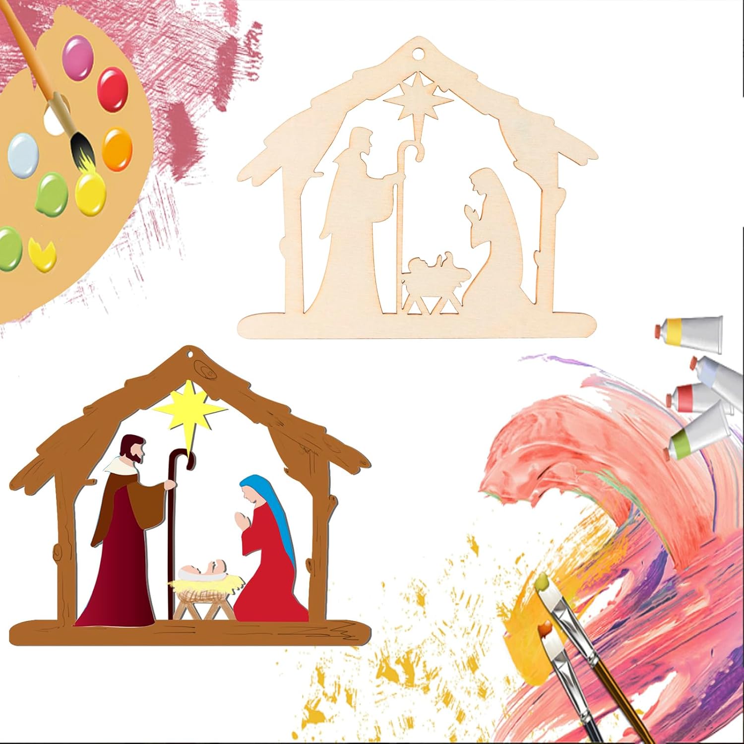 Nativity Scene Shape Unfinished Wood Bethlehem Nativity Pieces Wooden with Twines Art Ornaments for Christmas Holiday Party Door Hanger Decoration 20Pcs - Image 3