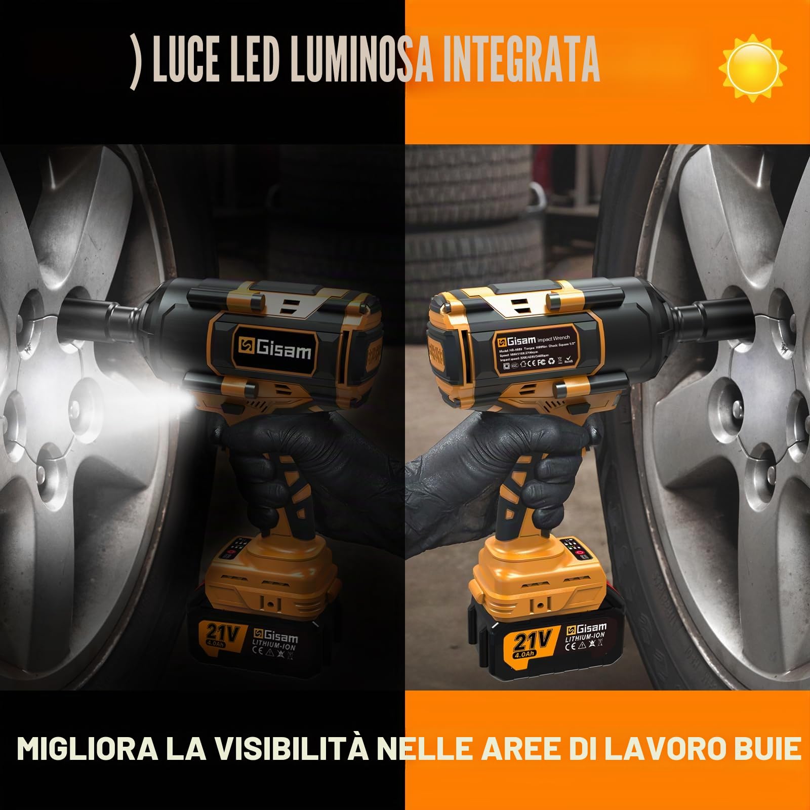 Gisam 1000 N.m Avvitatore a impulsi a batteria con motore brushless da 1/2” con due batterie da 4000 mAh, caricatore rapido, 5 bussole, avvitatore a impulsi per pneumatici auto