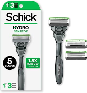 Schick Hydro Sensitive Razor, 5 Blade Cartridge Razor for Men with Sensitive Skin, 1 Stainless Steel Handle and 3 Refills