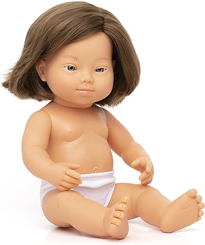 Miniland Muñeca Morena Caucásica de 15'' con Síndrome de Down (Polybag) - Hecho en España, Anatómicamente Correcto, Calidad