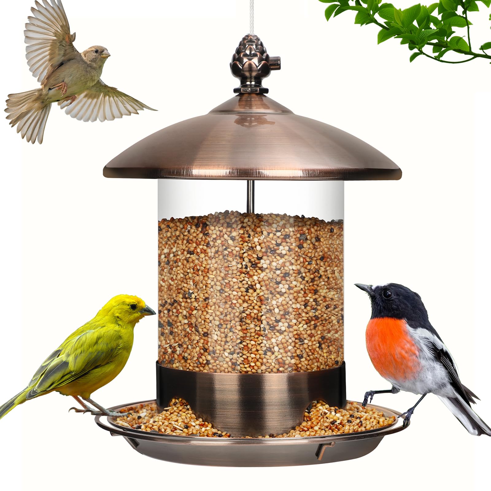 Gbekery Metal Bird Feeders for Outdoors Hanging, 360° Feeding Tray, Copper