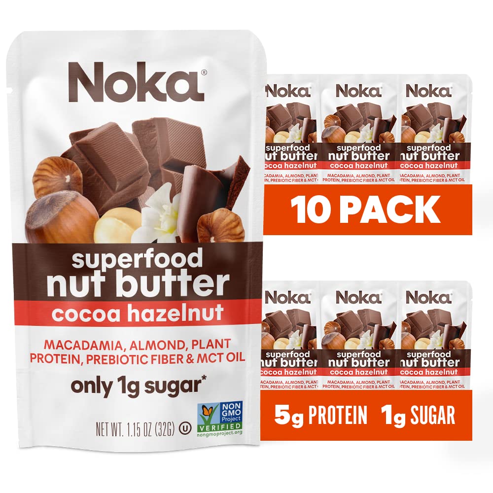 NOKASuperfood Nut Butter Pouches, Cocoa Hazelnut, Healthy Snacks with Almonds and Macadamia, Plant Protein, Prebiotic Fiber and MCT Oil, Keto, Non GMO, Vegan, No Sugar Added Snacks, 1.15 oz, 10 Count
