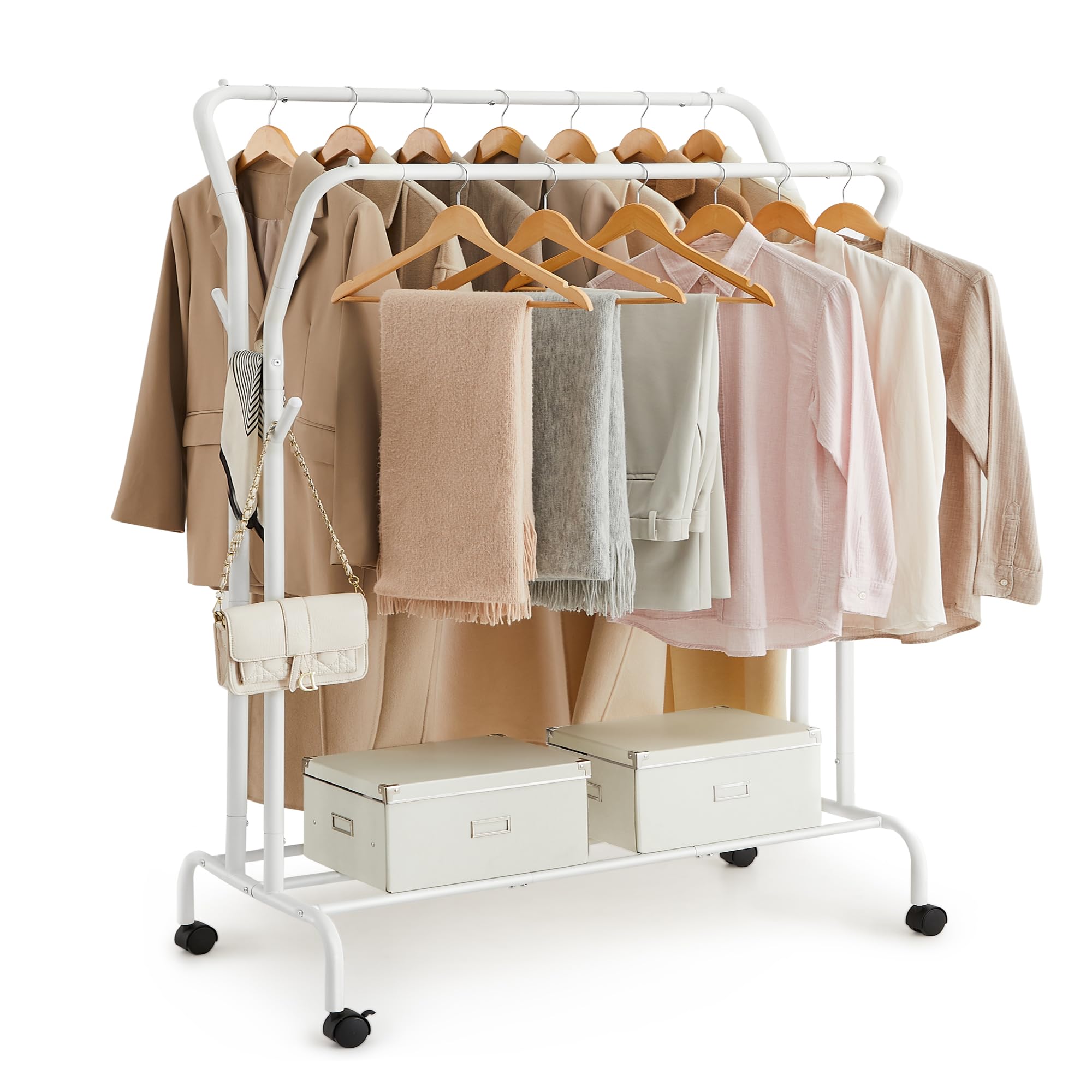 SONGMICS Clothes Rack, Double-Rod Clothing Rack for Hanging Clothes with Wheels, Garment Rack, Metal Frame, 220 lb Max. Total Load, 40.7 Inches Wide, Clothes Storage and Display, White UHSR107W01