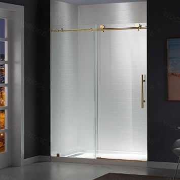 Woodbridge Frameless Sliding Shower Door, 56"-60" Width, 76" Height, 3/8" 10 mm Clear Tempered Glass, Finish, Designed for Smooth Door Closing. Brushed Gold.