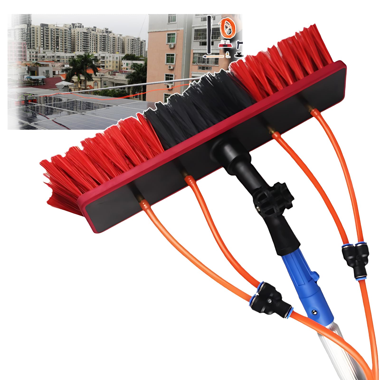 Kit de cepillo de limpieza de panel solar, poste de aire telescópico 5-10M, cabeza giratoria 180 para el cuidado del panel solar de la ventana del techo, manija de aleación duradera y junta universal