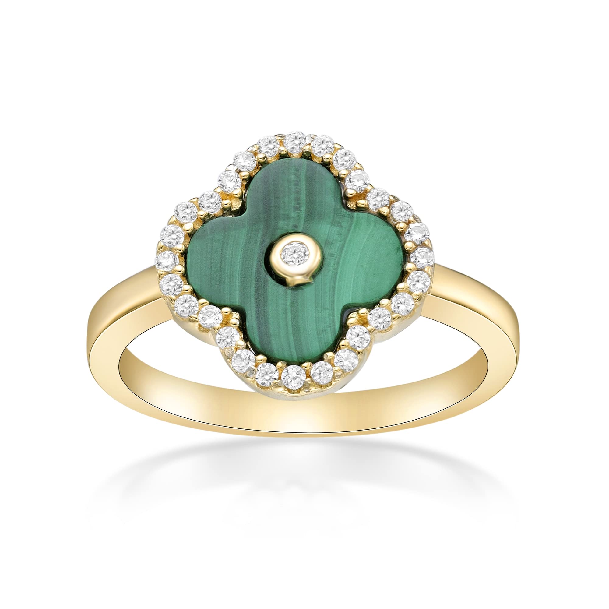 Sponsored Ad - Four Leaf Flower Ring for Women - Black Onyx Green Malachite or Mother of Pearl & Cubic Zirconia in 925 Sterling Silver - Hypoallergenic Gold Plated - Halo Clover Ring Size 5 to 8