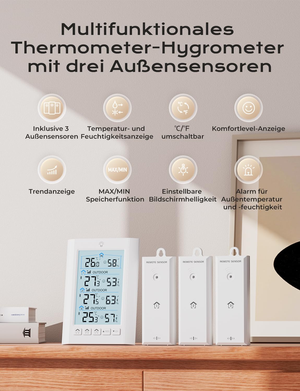 LIORQUE Funk Wetterstation mit 3 Außensensoren Digitales Thermometer Hygrometer Innen Funkwetterstation mit 100 m Reichweitensensor Thermo-Hygrometer für Gewächshaus Weinkeller