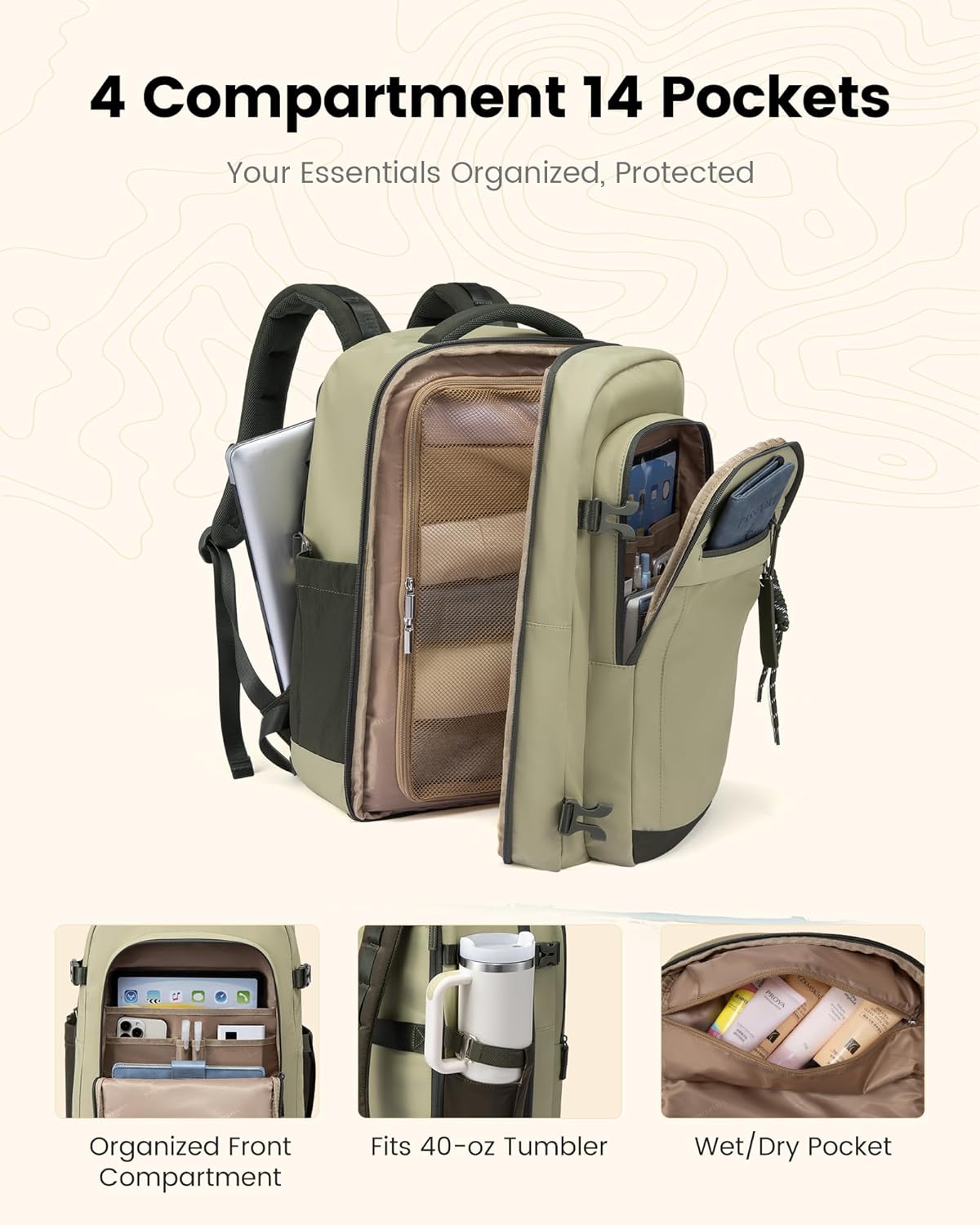 LOVEVOOK 40L Travel Backpack for Women & Men, Airline Approved Carry On Luggage, TSA Personal Item Bag fits 15.6 Inch Laptop, Waterproof Weekender Overnight Suitcase for Work, Green - Image 2