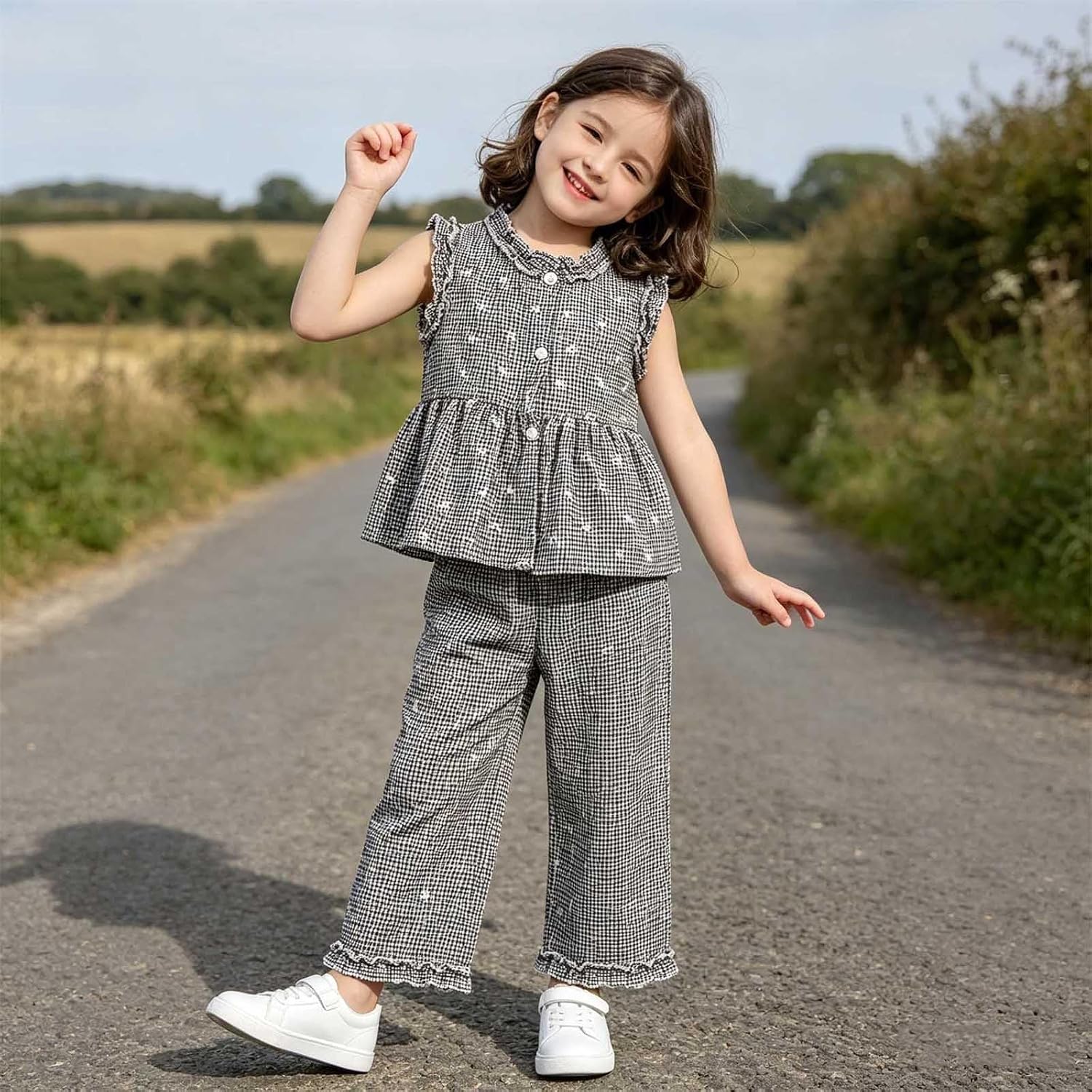 Summer Outfits for Girls Gingham Sleeveless Ruffle Trim Tank High Elastic Wide Leg Pants Casual Plaid Clothing Set