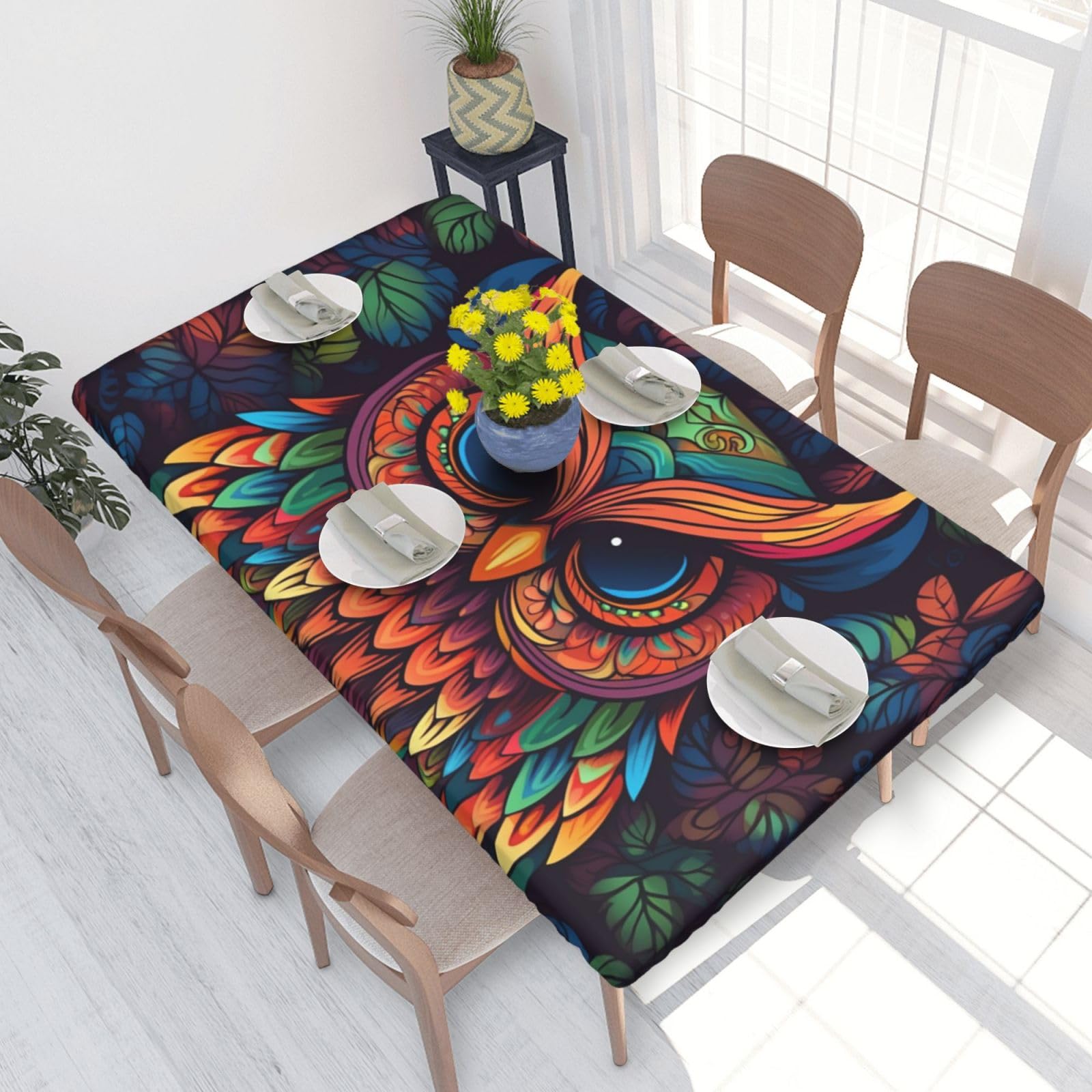 Color Owl Pattern Waterproof Square Table Cover Elastic Fitted Tablecloth Oil Proof Table Protector For 4ft Table