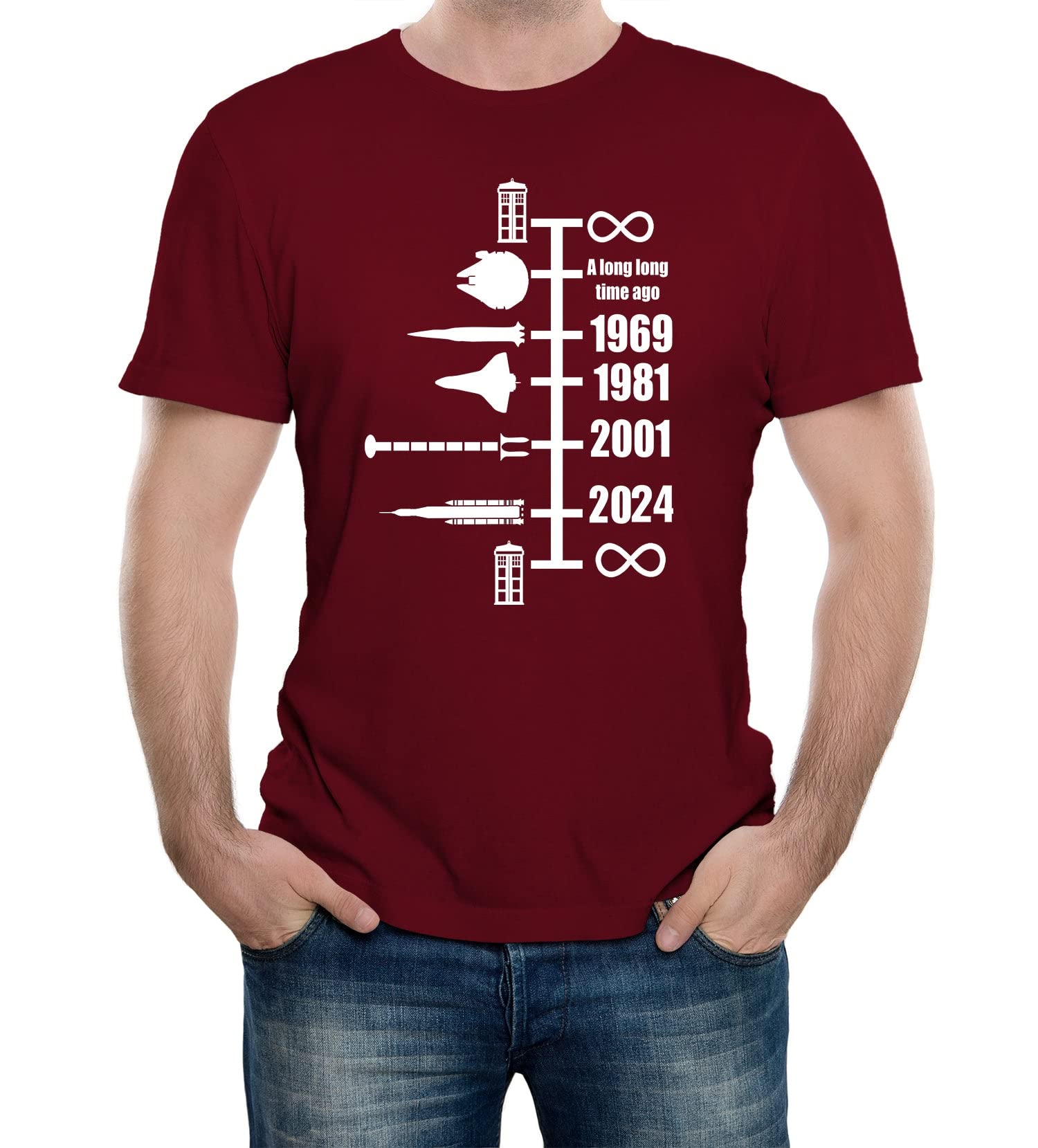 Reality Glitch Men's Spaceship Timeline Movie, Space, Sci Fi and Science Inspired Funny Graphic T-Shirt (Large, Burgundy)