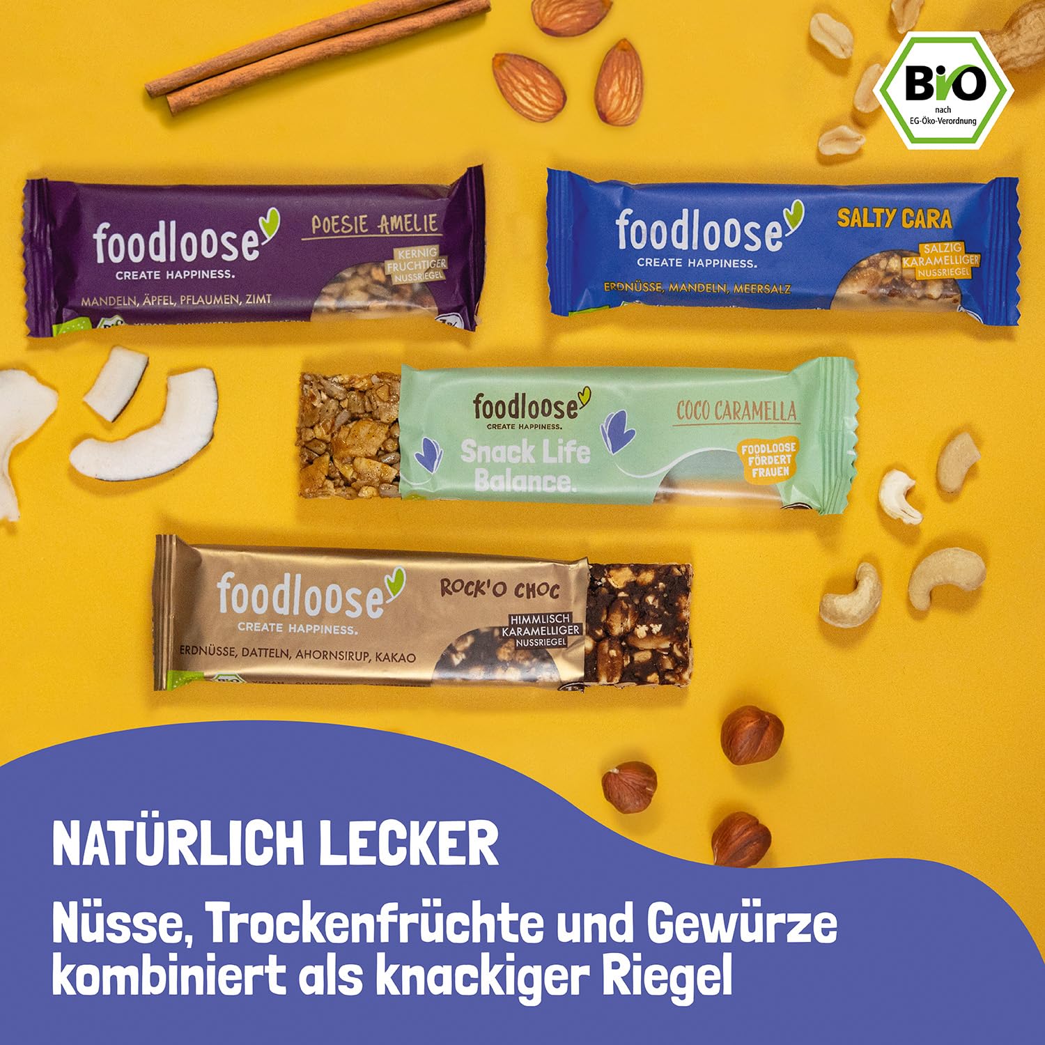 foodloose Bio-Nussriegel Probierpaket | Vegane, laktose- und glutenfreie Bio-Riegel ohne raffinierten Zucker | Großpackung mit 4 verschiedenen Sorten (24 Riegel x 35g)