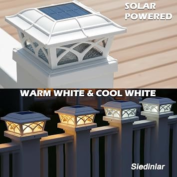 Siedinlar Solar Post Cap Lights Outdoor, 2 Modes Solar Powered Waterproof Fence Deck Light for 4x4 5x5 6x6 Posts Garden Patio Decoration Warm White & Cool White, White (4 Pack)