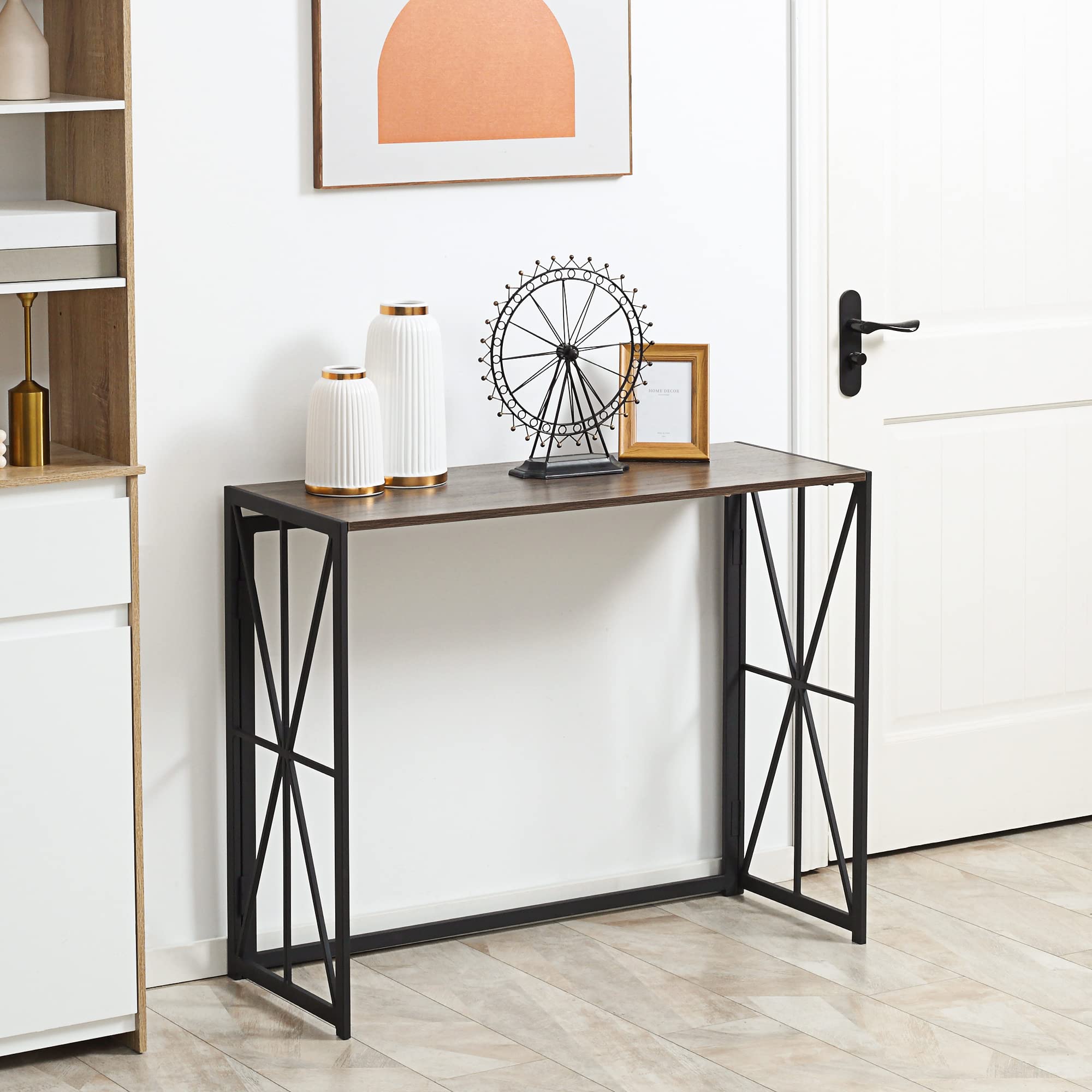 HOMCOM Tavolo Consolle da Ingresso in Stile Industriale, Tavolino Pieghevole Salvaspazio in Legno e Metallo, 100x38x80cm, Marrone