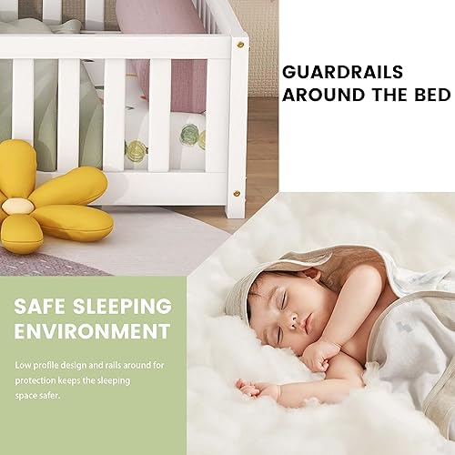 Miniatura 6 de Cama de suelo de tamaño individual para niños, cama Montessori de madera con rejillas, valla de seguridad y puerta, marco de cama de piso con rieles