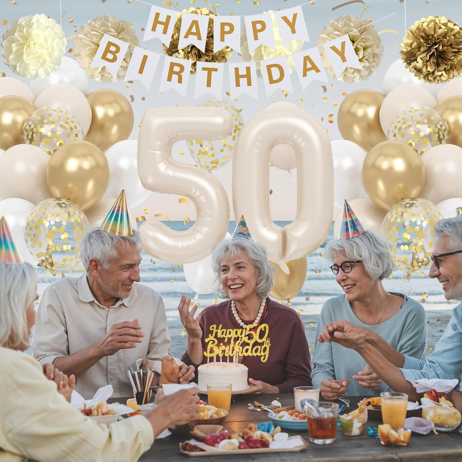 50th Birthday Decorations for Women Men, Sand Gold White Birthday Balloons Happy 50th Banner Cake Topper Neutral Number 50 Balloon Pom Poms for Him Her 50 Years Old Bday Party Decoration Boho - Image 5