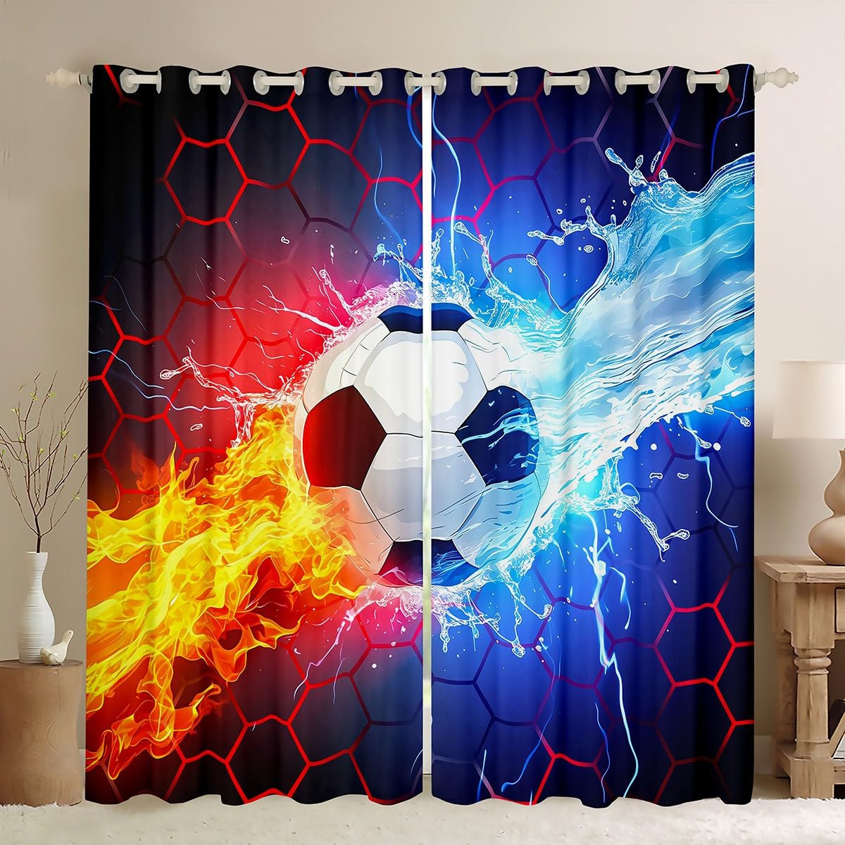 Homemissing Football Curtains (2 Panels,W46*L72) For Bedroom Kids Boys Teens Children Rugby Sports Window Curtains Soccer Ball Game Blackout Curtains Red Honeycomb Window Treatments โ image 1
