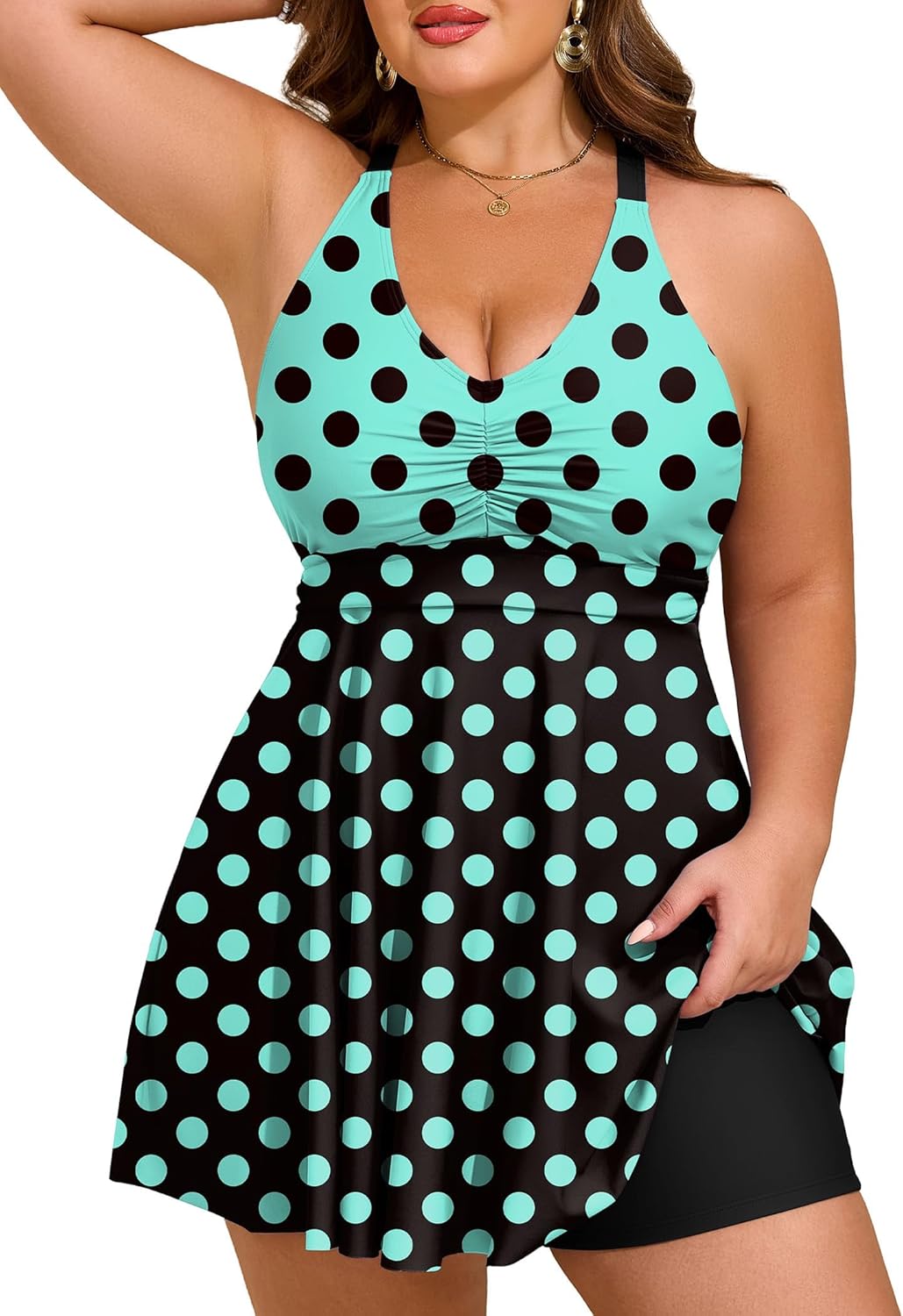 HUSKARY Plus Size Tankini Swimsuits for Women Tummy Control V Neck Hide Belly Bathing Suits Two Piece with Swim Shorts